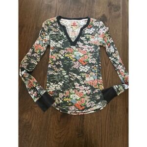 Vtg Y2K Lucky Brand Womens Floral Thermal Top Long Sleeve Waffle Knit V-Neck Sm